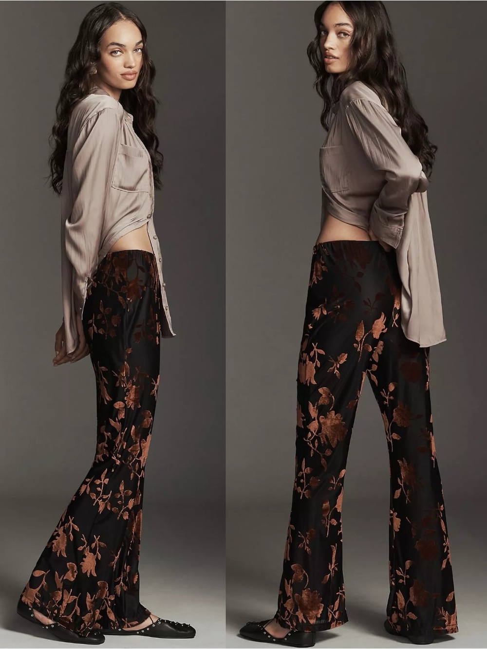 Anthropologie Hutch Velvet Devore Burnout Flare Pants Black Brown Fall Leaf XL